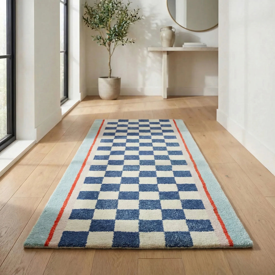 Flowique wavy checkerboard runner rug, offering a soft & non-slip solution for busy hallways and entryways.
