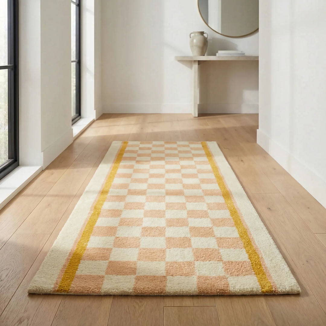 Statement checkerboard runner rug, enhancing home decor with a wavy pattern. Soft, non-slip, and perfect for high-traffic areas.