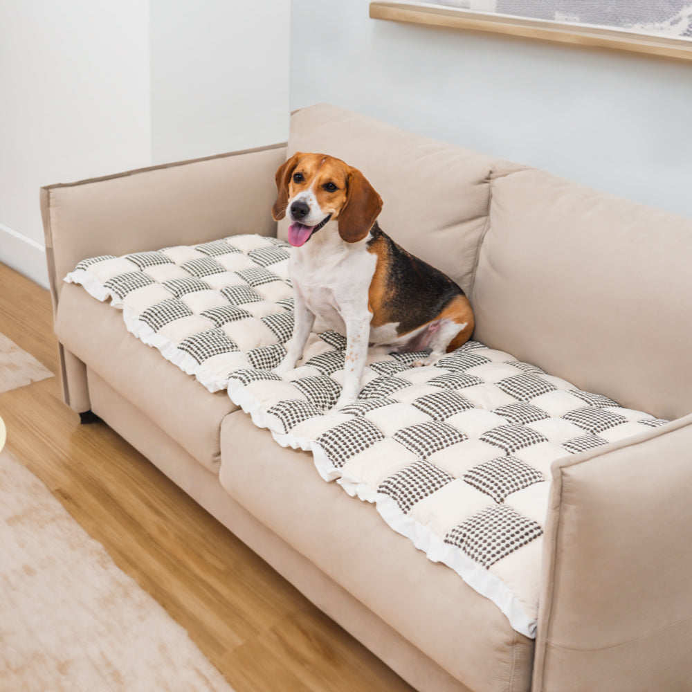 Washable checkered couch cover, durable chenille fabric for pet owners, ideal sofa protector.