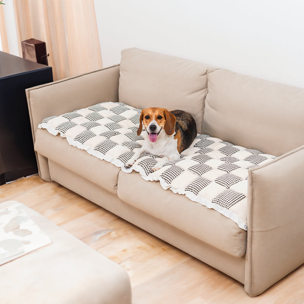 Stylish home decor: gray & white checkered pet sofa protector, non-slip for dogs and cats.