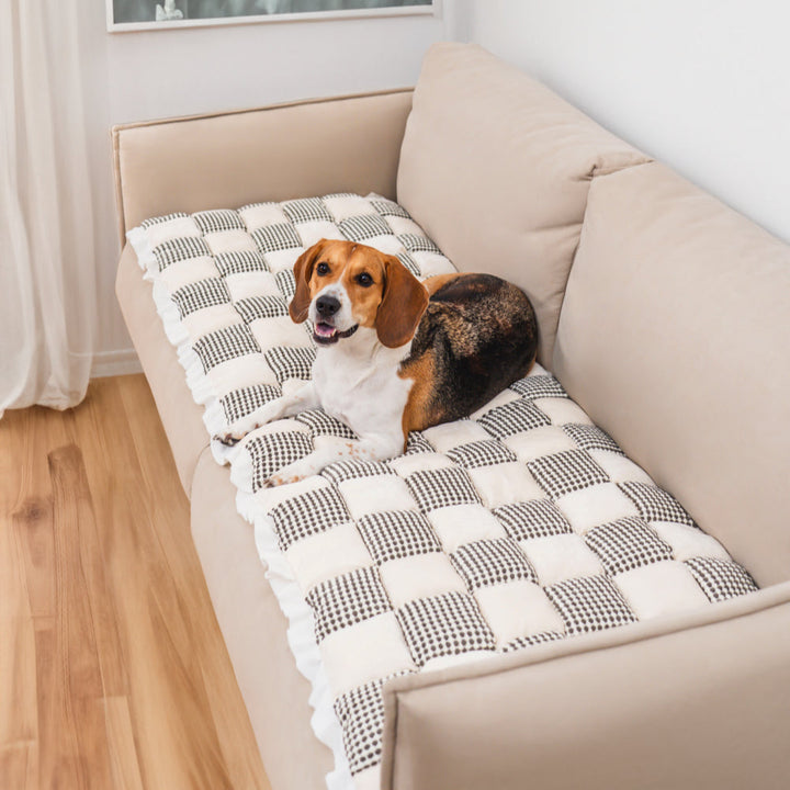 Soft chenille dog and cat mat, checkered pattern sofa cover, secure non-slip design.