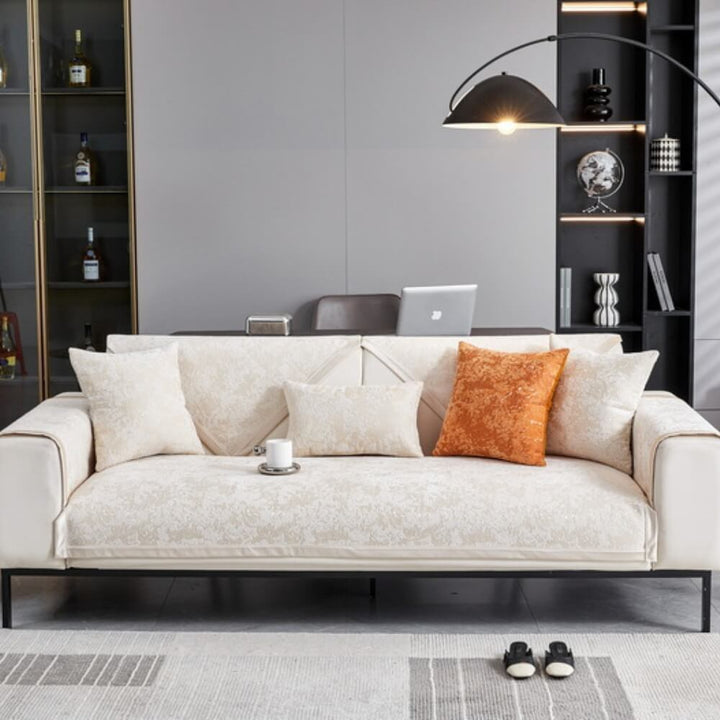Corner detail of chenille sectional cover, non-slip design for secure furniture protection