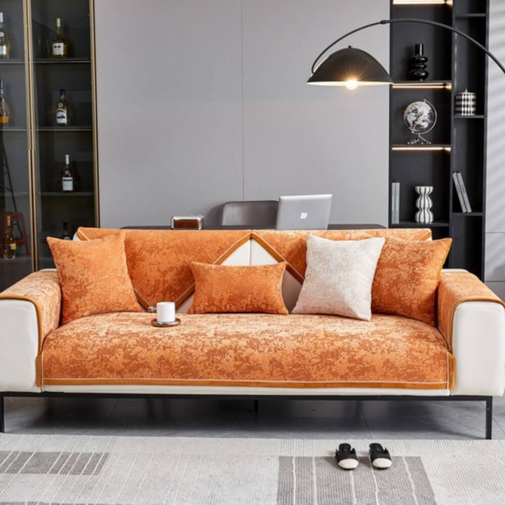 Close-up of durable stitching on chenille anti-scratch sofa protector, quality furniture protection