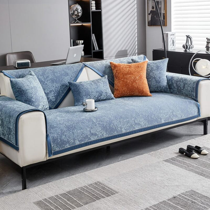 Two tone chenille anti-scratch sofa protector cover on a sectional, versatile home decor