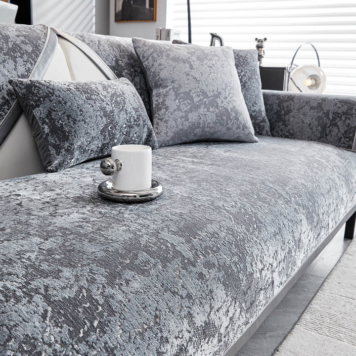 Full view of a living room with chenille anti-scratch sectional cover, home decor friendly