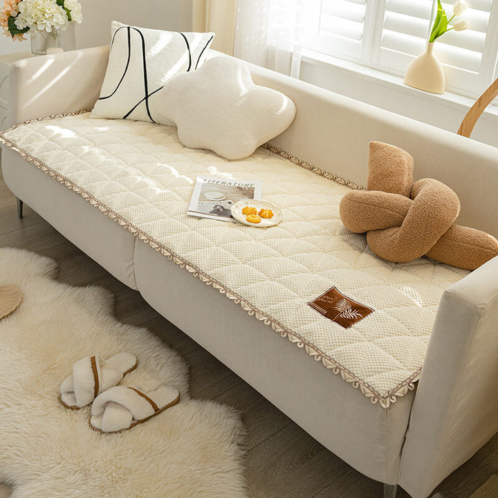 Soft chenille couch protector in bread shape, non-slip design for sectional sofa.
