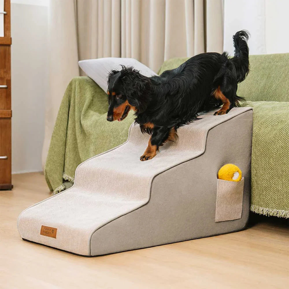 Top-down view of spacious chenille pet stairs, offering secure footing for pets