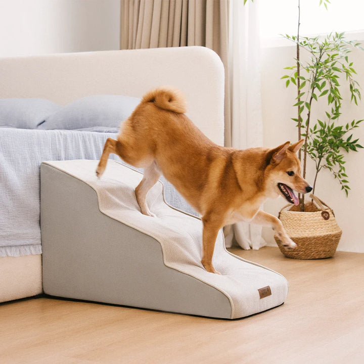 Pet stairs featuring a durable, non-slip bottom and soft chenille surface for small dogs