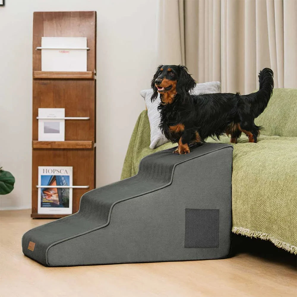 Removable cover of the chenille pet stairs shown, highlighting easy cleaning feature