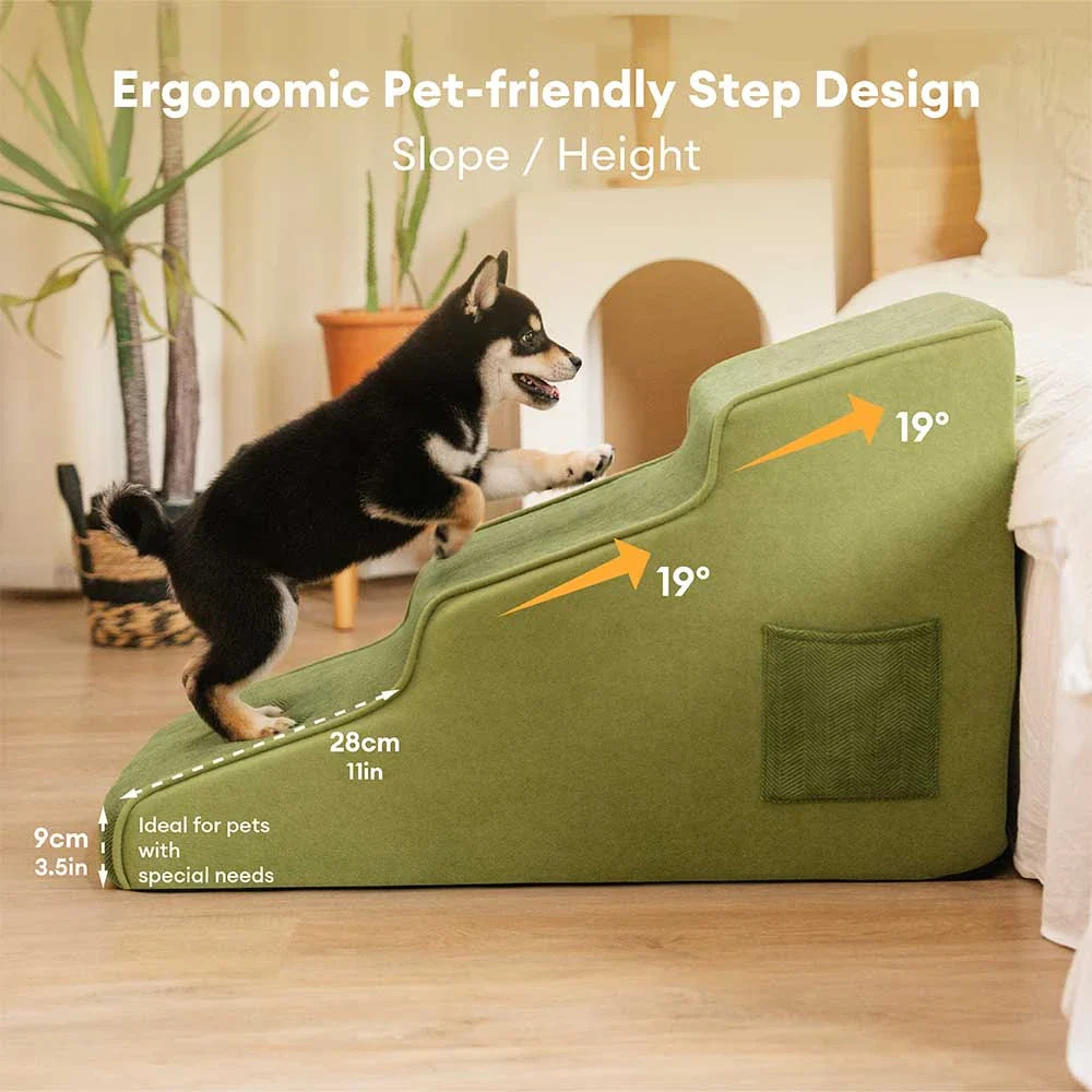 Small dog using 3-step chenille pet stairs with non-slip base for easy access to sofa