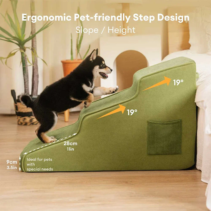 Small dog using 3-step chenille pet stairs with non-slip base for easy access to sofa
