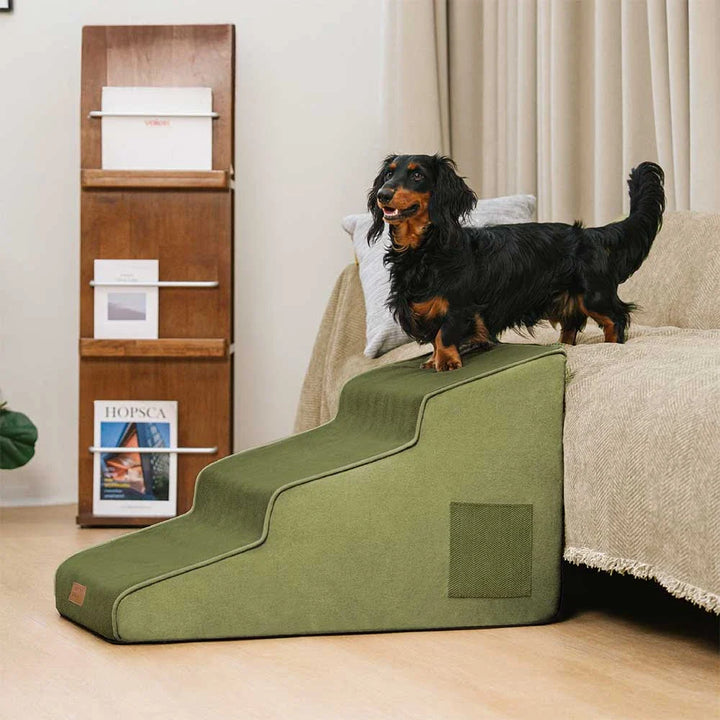 Small terrier dog comfortably ascending 4-step chenille pet ramp for bed access