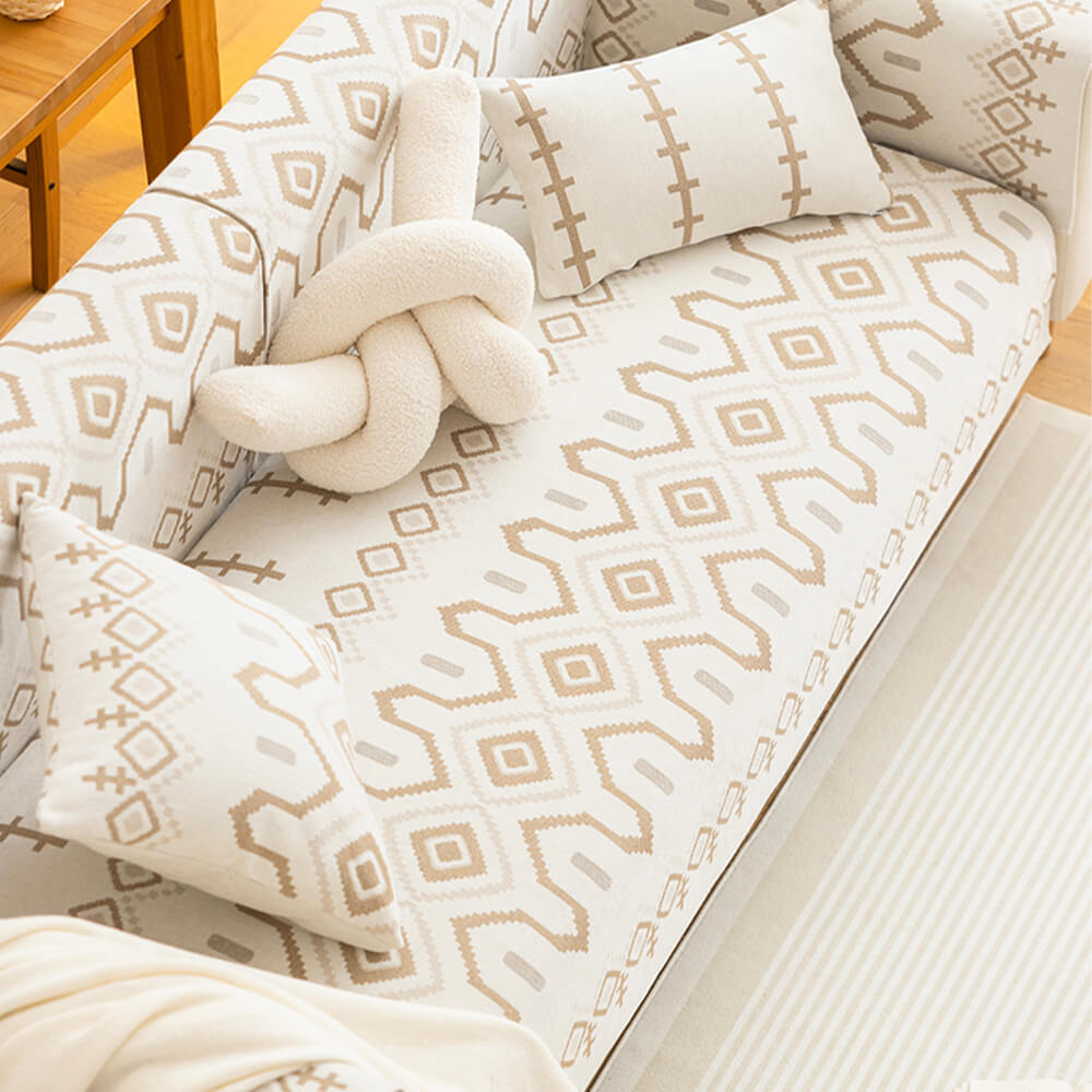 Modern sectional couch with a fitted chenille fabric cover, ensuring non-slip and easy care home decor.