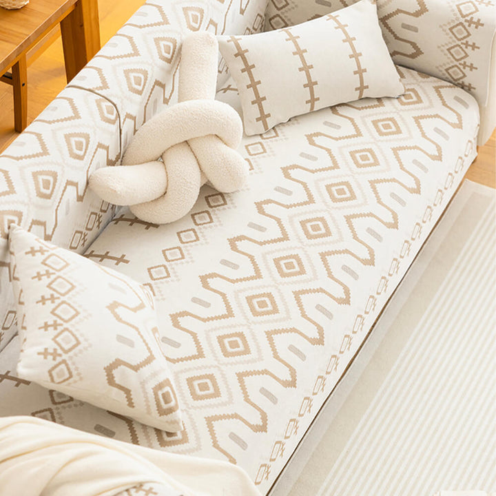 Modern sectional couch with a fitted chenille fabric cover, ensuring non-slip and easy care home decor.