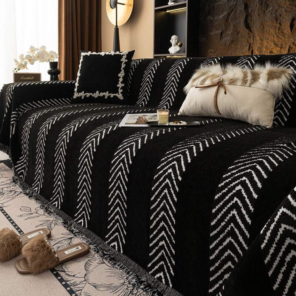 Chenille herringbone sofa throw cover, beige, protecting a living room couch from pets and wear