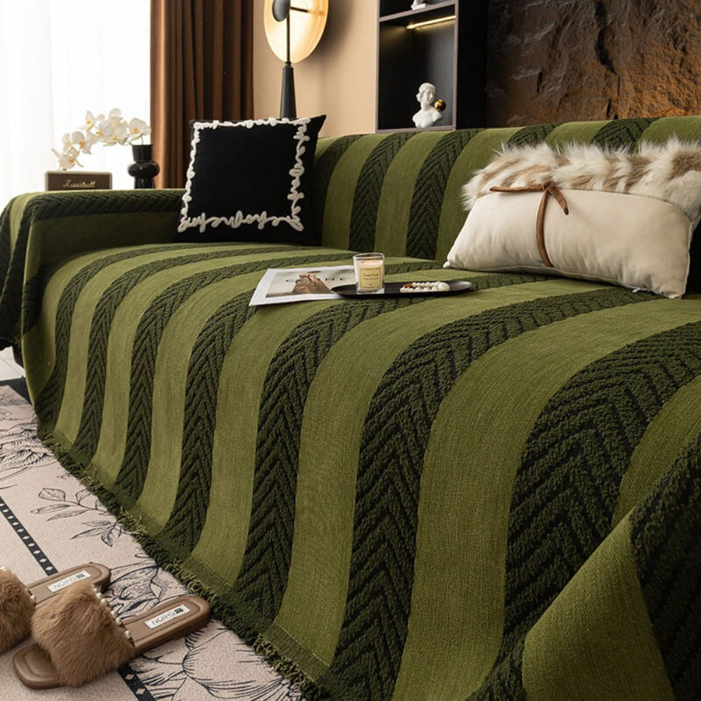 Stylish herringbone chenille sofa throw cover in a modern living room setting, furniture protection