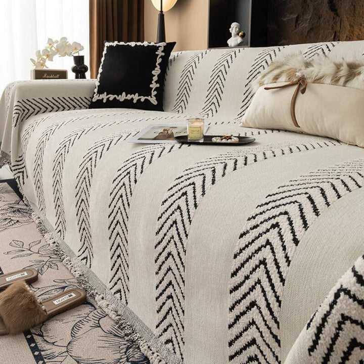 Grey chenille herringbone sofa throw cover, versatile home decor, suitable for any couch