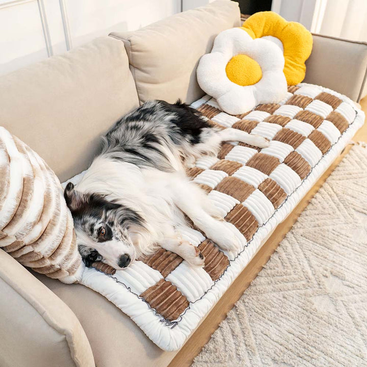 Non-slip pet furniture protector draped over a sofa, keeping it clean for pets