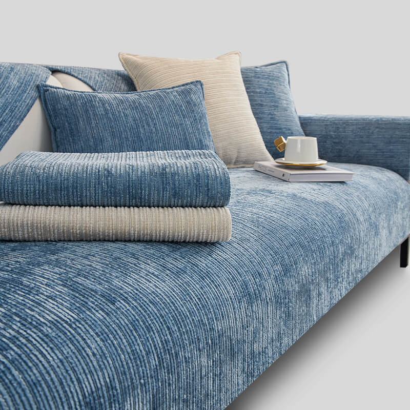 Chenille sofa cover on furniture, demonstrating scratch resistance against pet claws