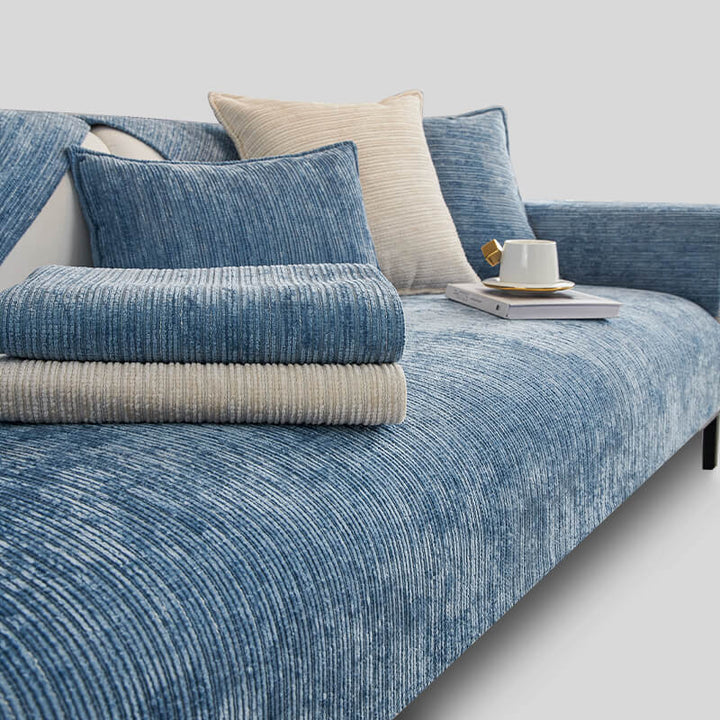 Chenille sofa cover on furniture, demonstrating scratch resistance against pet claws