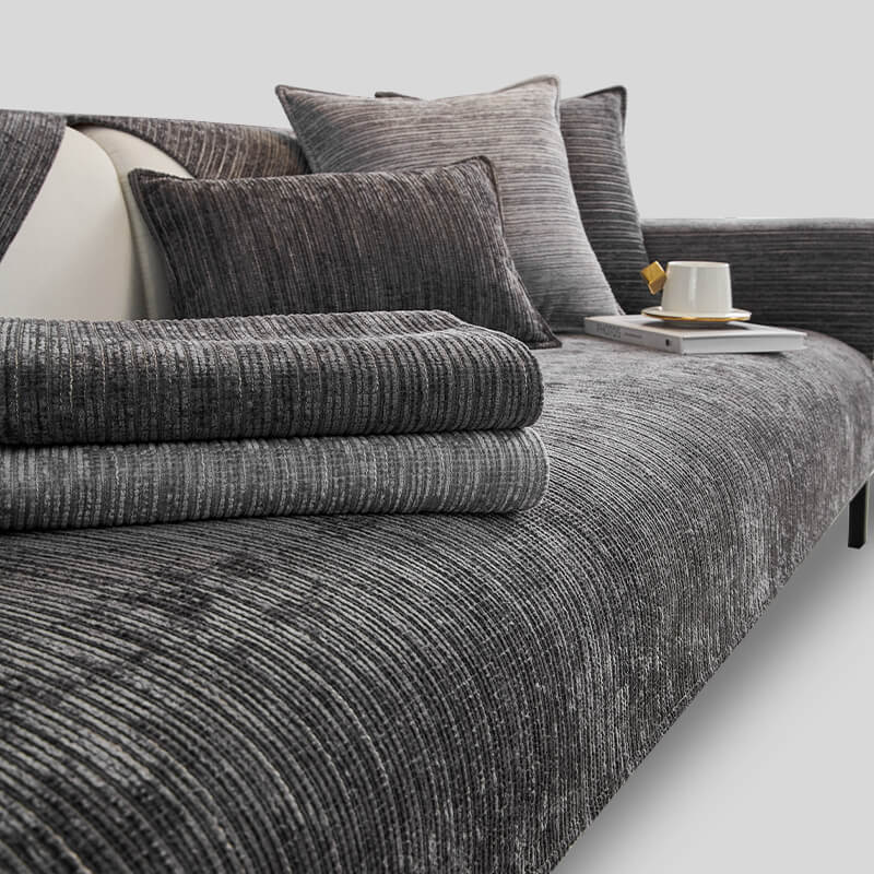 Full view of a pet-friendly chenille couch protector, blending with living room decor