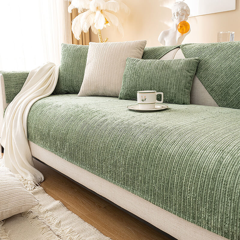 Close-up of chenille fabric on a pet-friendly couch cover, showing scratch resistance
