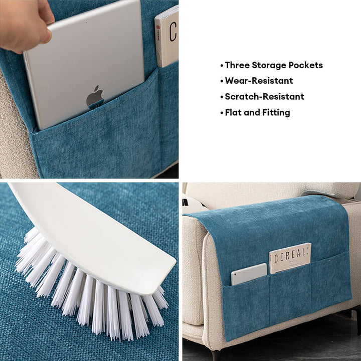 Close-up of chenille couch armrest cover texture, showing scratch-resistant fabric and storage pockets