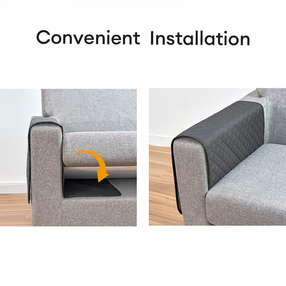 Detailed view of a durable chenille sofa armrest cover, highlighting its storage pockets and soft material