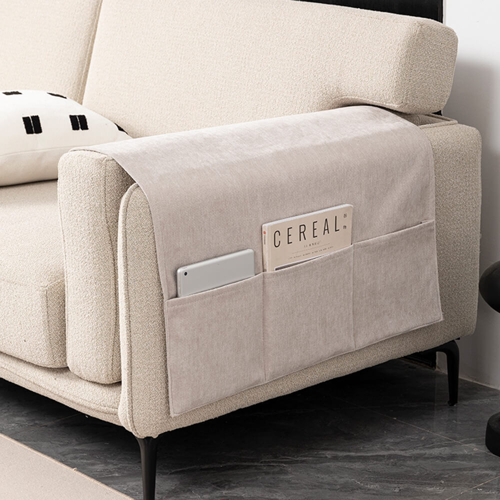 Sofa armrest cover in chenille fabric, acting as a furniture protector with convenient storage