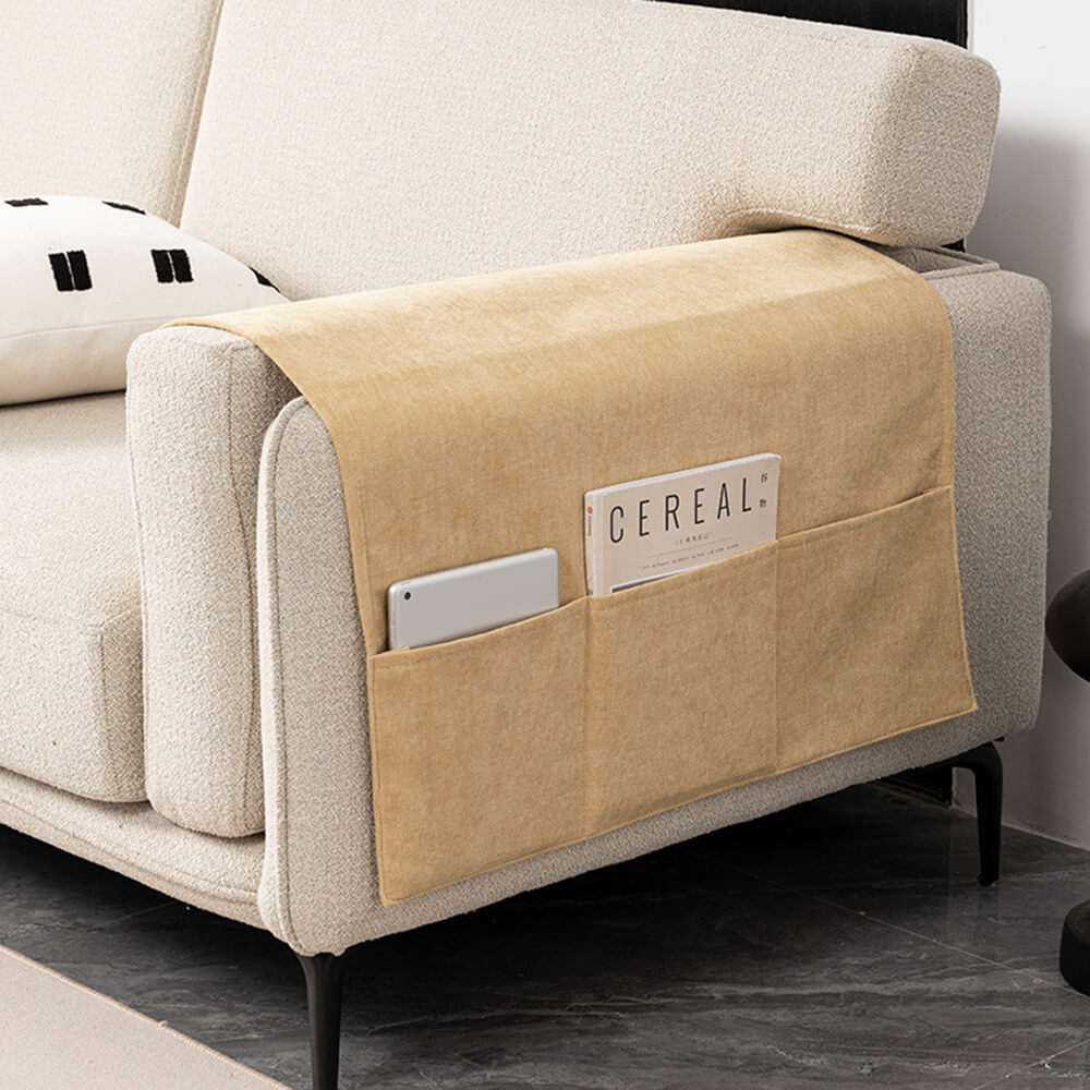 Stylish chenille couch accessory featuring multiple storage pockets for living room organization