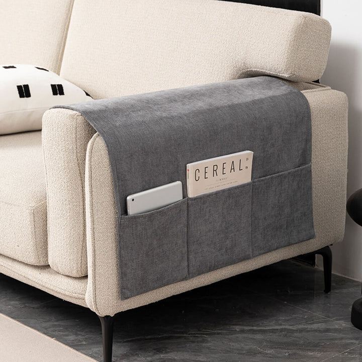 Scratch-resistant chenille armrest cover on a modern sofa, enhancing home decor with storage
