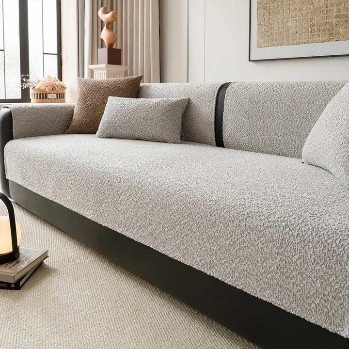 Close-up of soft chenille fabric sofa cover, showing texture suitable for pet-friendly home decor