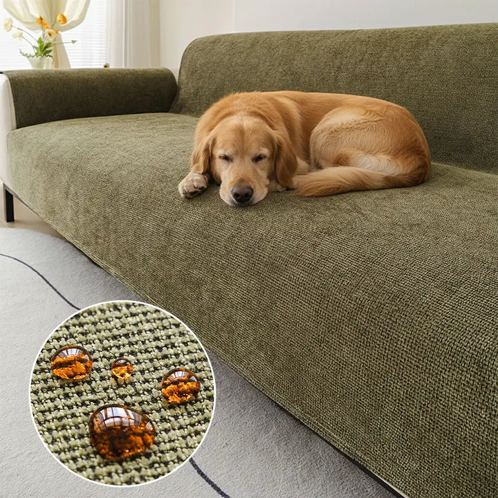 Chenille sofa cover, scratch-resistant, non-slip, pet-friendly, protecting a brown couch from wear.