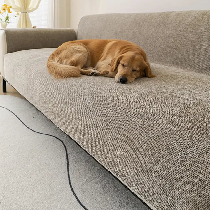 Non-slip chenille couch cover protecting a grey sofa, ideal for homes with pets and kids.