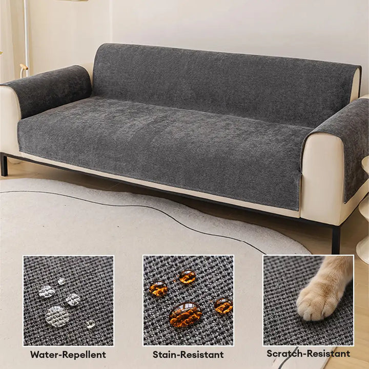 Full view of a pet-friendly chenille couch cover with non-slip backing, enhancing living room decor.