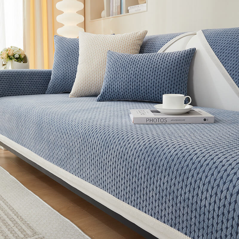 Soft chenille couch cover with wheat ear design, perfect for pet-friendly home decor