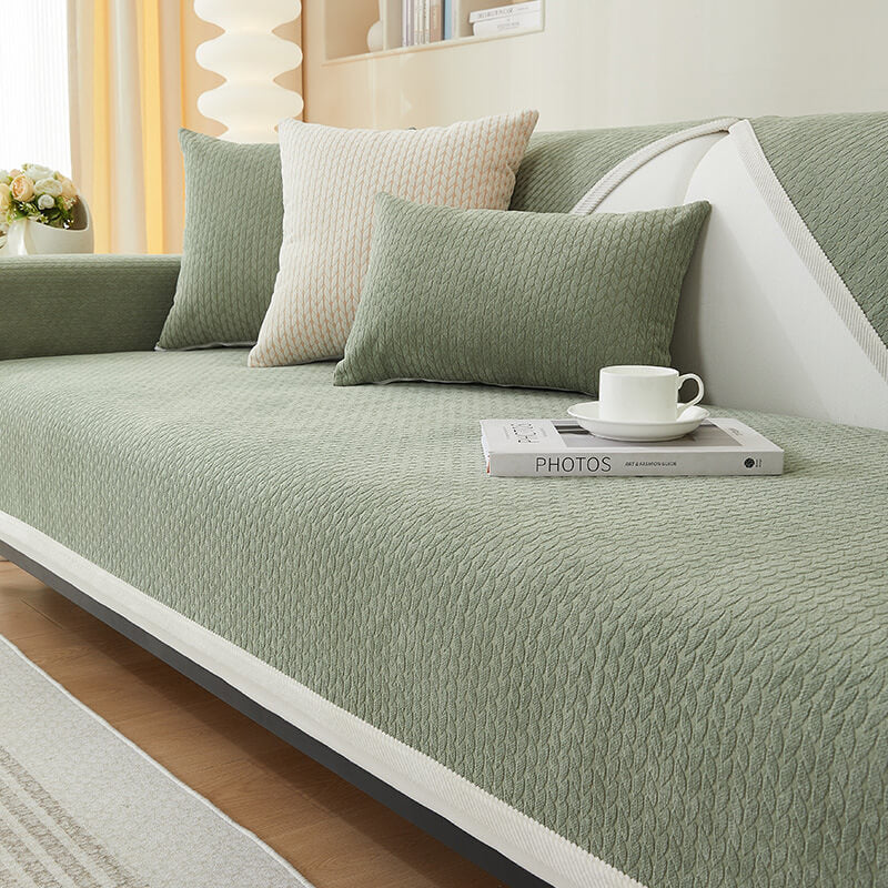 Pet-friendly chenille couch protector featuring stylish wheat ear pattern, non-slip