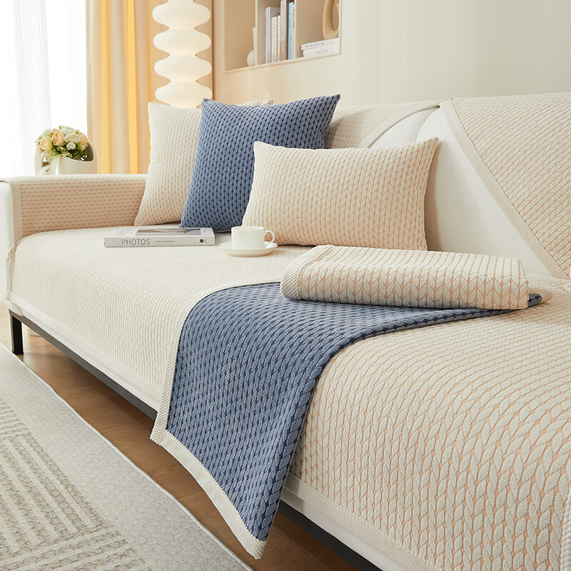 Thick chenille sofa cover with intricate wheat ear motif, offers pet scratch resistance
