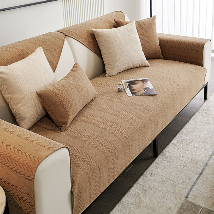 Sofa cover with elegant wheat ear print on soft chenille fabric, anti-slip