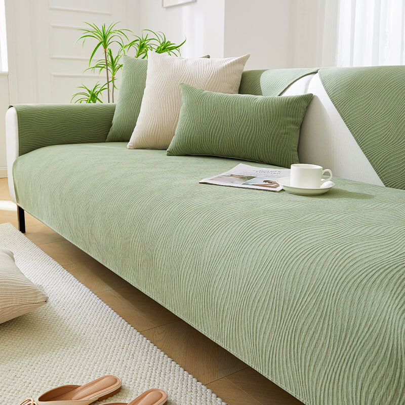 Close-up of chenille sofa cover with wood grain texture, ideal for pet owners, non-slip design