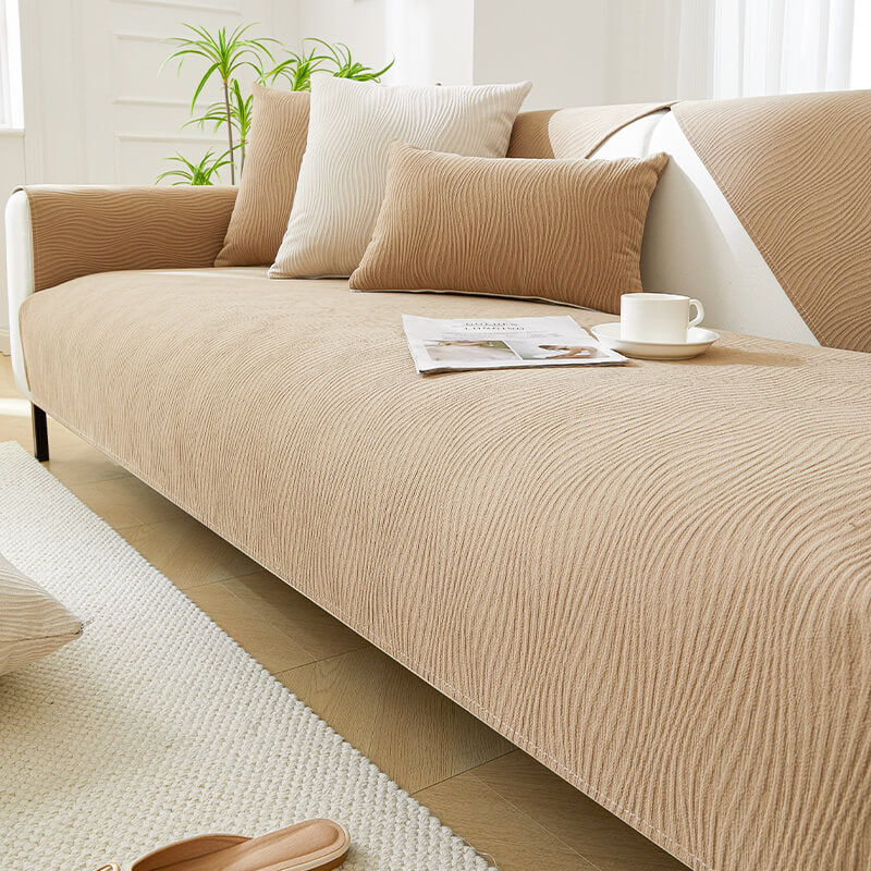 Luxurious chenille couch protector in wood grain pattern, durable and machine washable