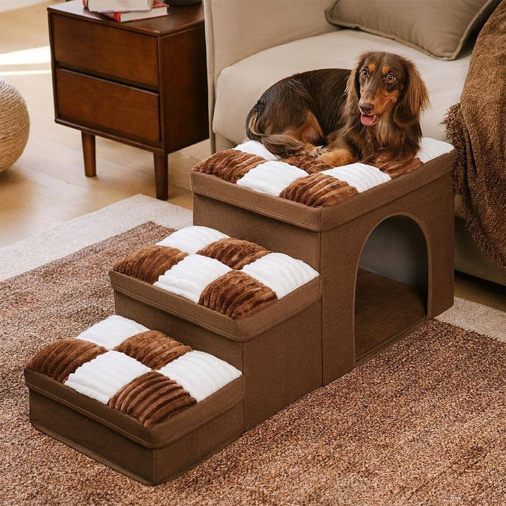Chessboard pet steps with storage & pet condo for small dogs, foldable design