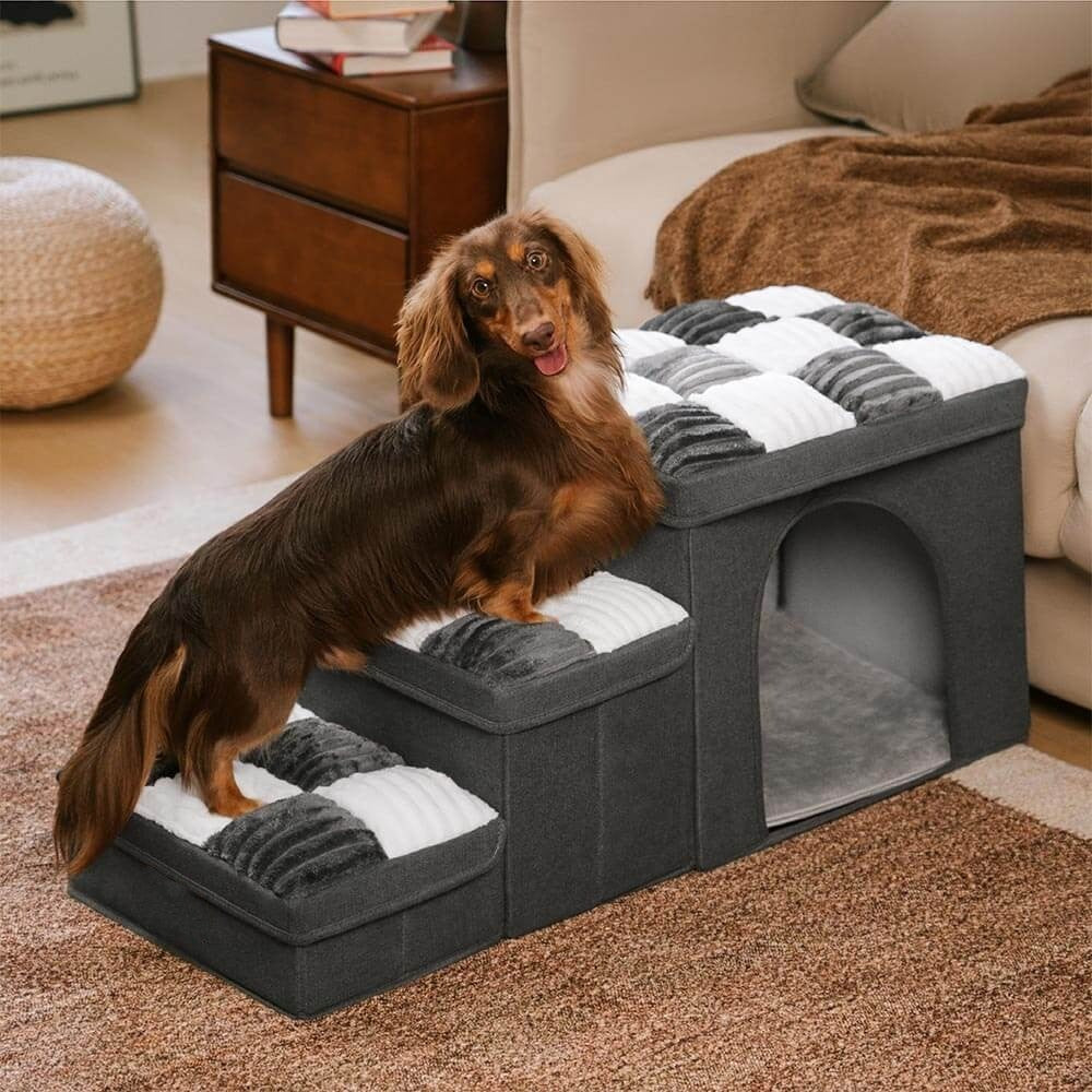 Multi-functional pet stairs with joint support, featuring chessboard pattern & storage