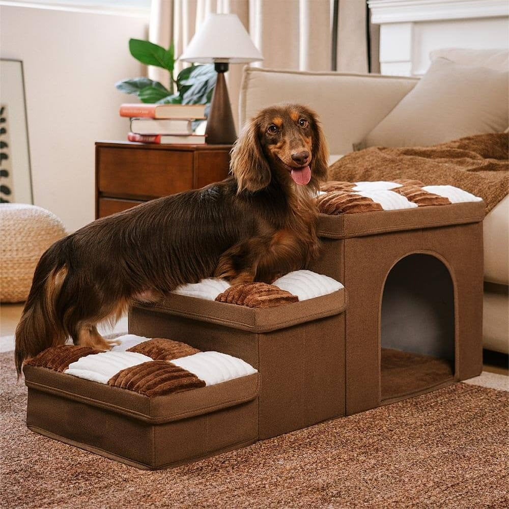 Foldable pet furniture: chessboard dog stairs with integrated storage and pet condo