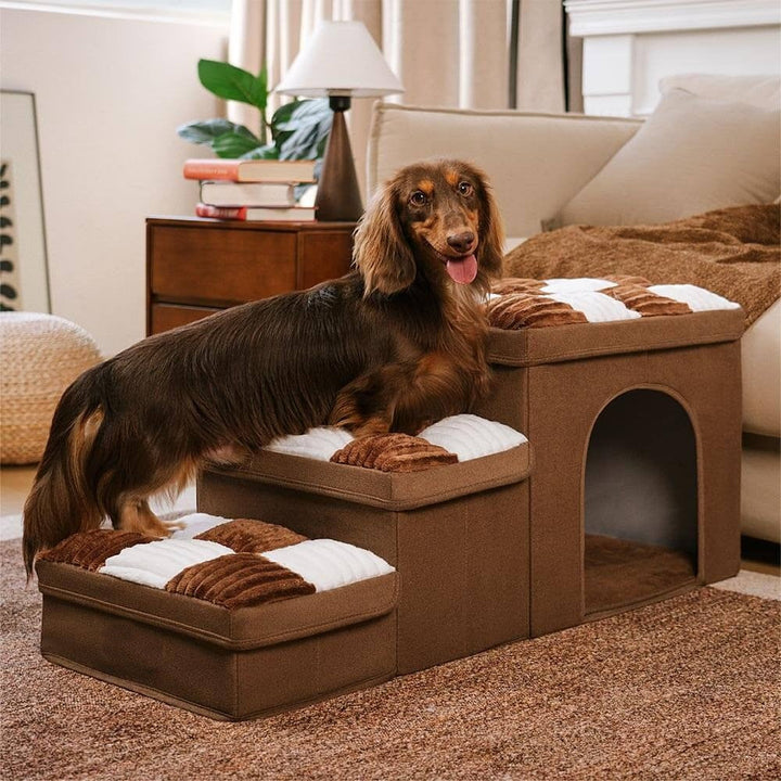 Foldable pet furniture: chessboard dog stairs with integrated storage and pet condo