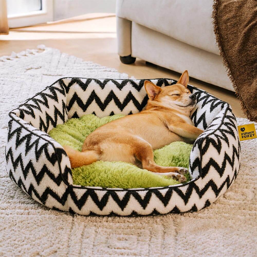 Chevron dog bed, plush & cozy, for large pets. Washable cover.