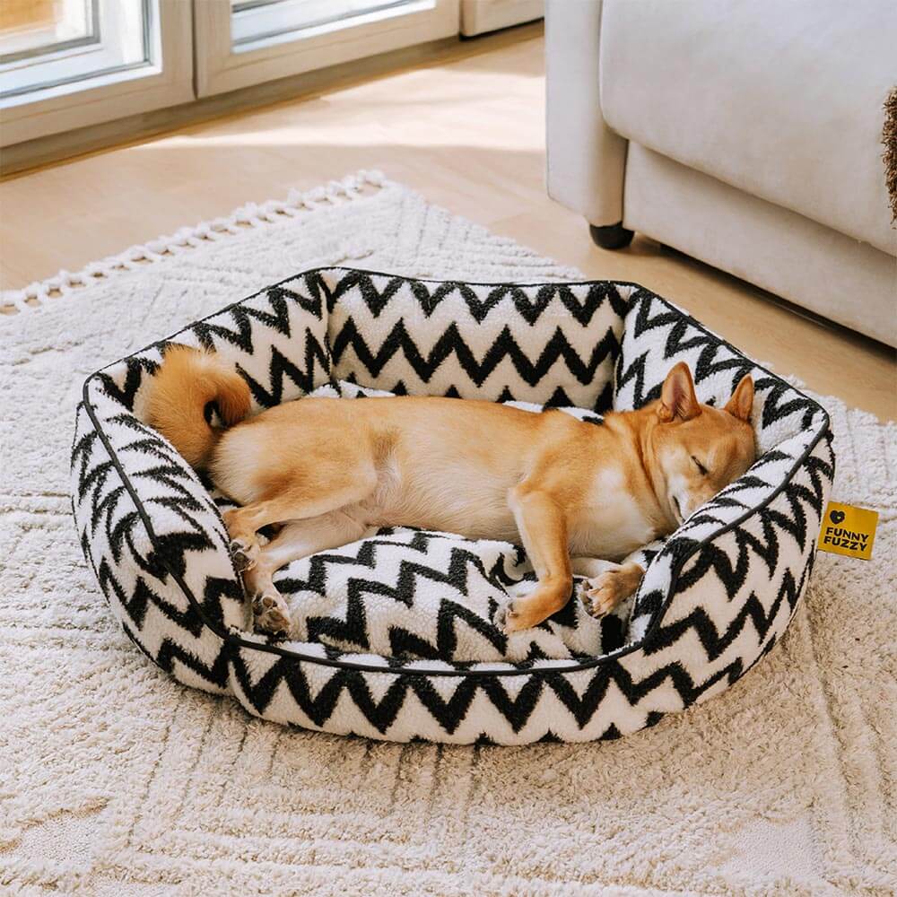 Chevron pattern dog bed, plush and cozy, suitable for medium-sized pets.