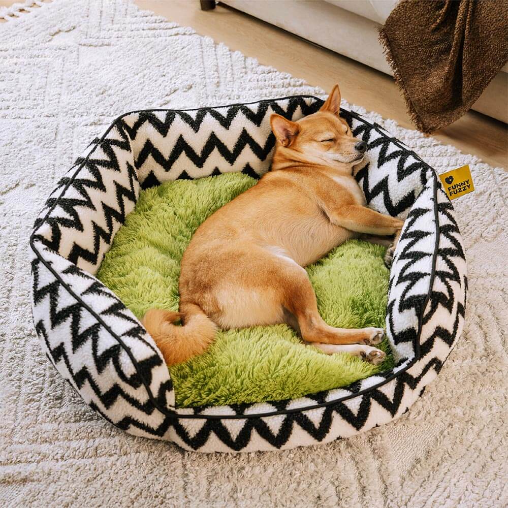 Grey chevron dog bed, extra soft, designed for medium pets' comfort.