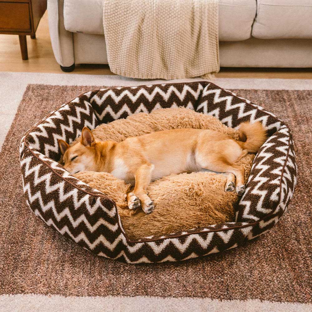 Washable chevron dog bed, a plush sanctuary for your large furry friend.