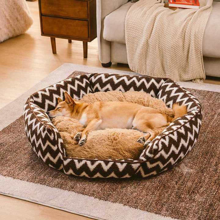 Durable chevron pet bed, ideal for medium to large dogs, easy to clean.